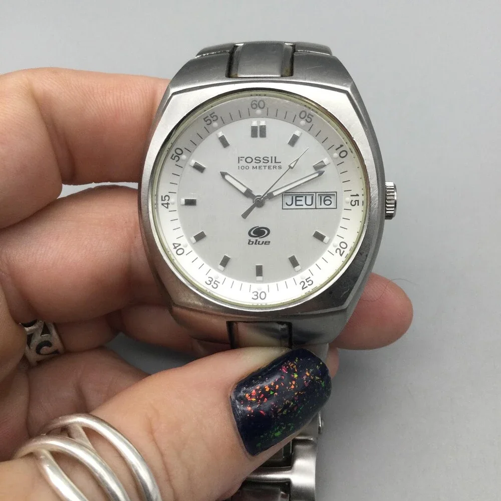 Fossil Blue Mens Watch 38mm White Dial Stainless Date WR AM-3280 New Battery 8